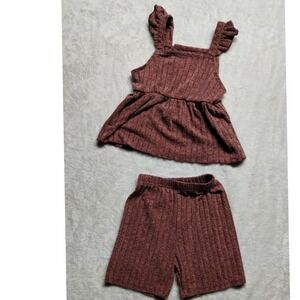 Ribbed Knit Outfit Set Ruffle‎ Sleeve Top Shorts Loungewear Casual